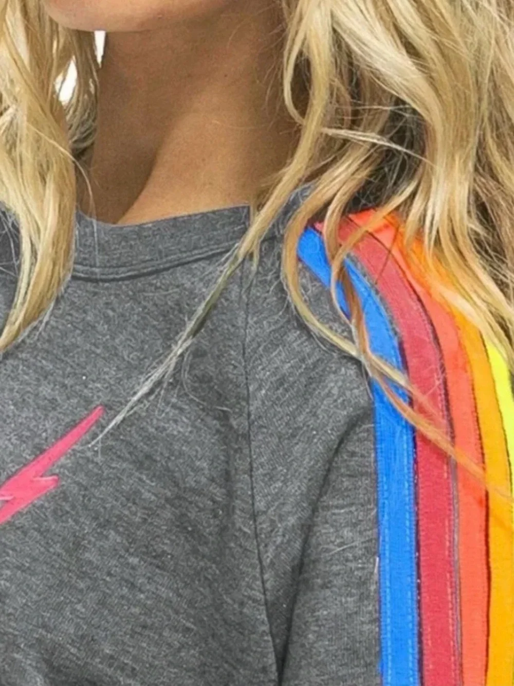 Aviator Nation Women’s cropped Charcoal Crewneck Sweatshirt with neon Stripes